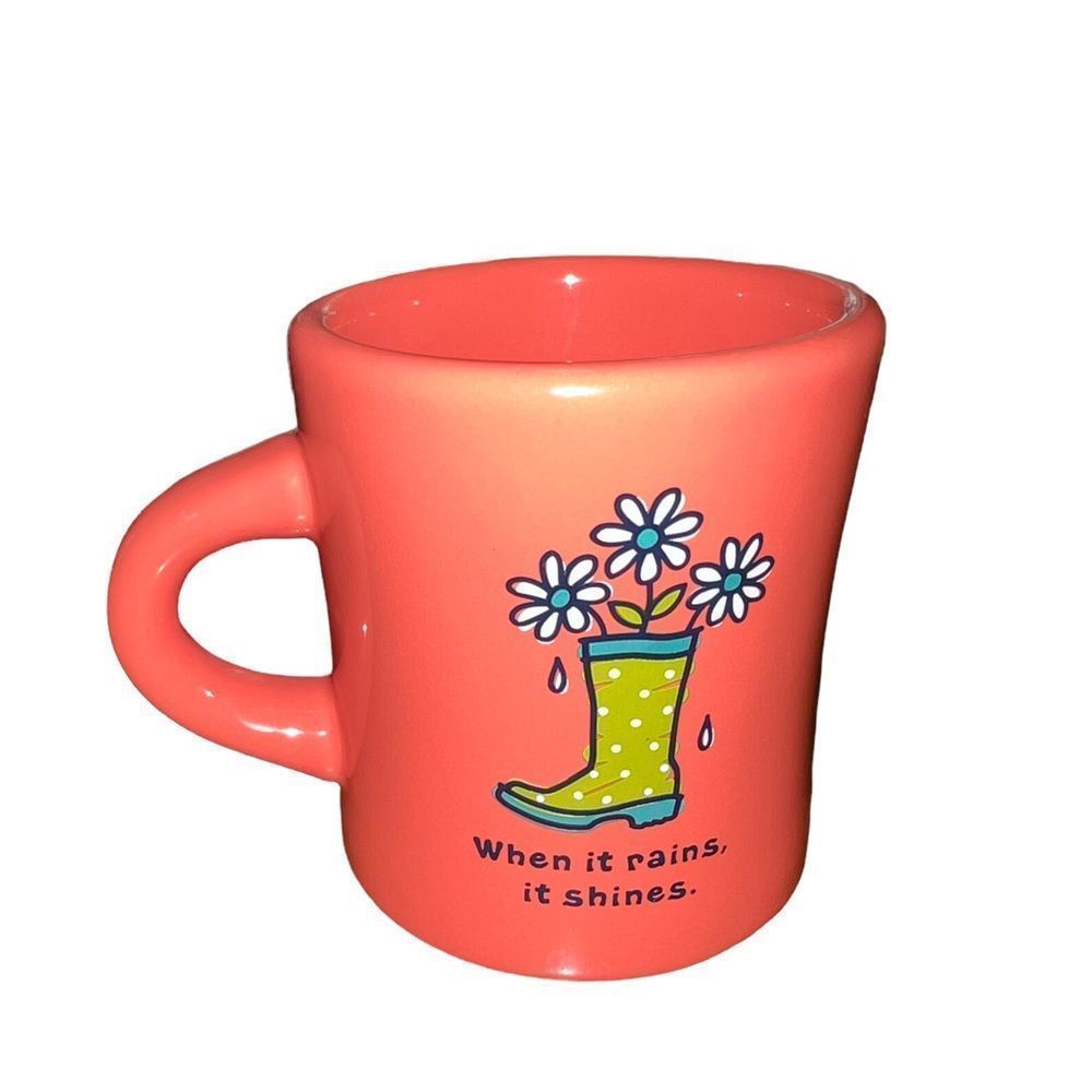 Life Is Good “When it rains it shines” orange mug w/rain boot‎ & flowers design
